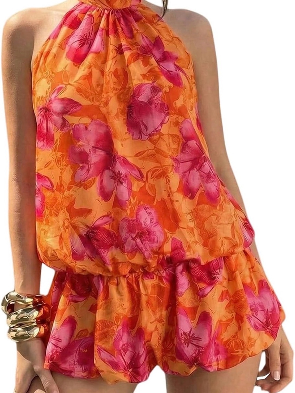 Orange Halter Floral Romper with Pink Blooms